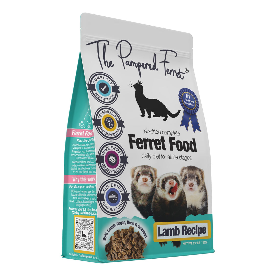 A bag of The Pampered Ferret Air-Dried Lamb Recipe Complete Ferret Food, featuring a white and teal package with illustrations of a black ferret silhouette, three real ferrets, and product imagery on a white background.