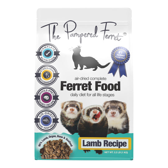 A bag of The Pampered Ferret Air-Dried Lamb Recipe Complete Ferret Food, featuring a white package with a teal bottom section, product images, and certification seals.