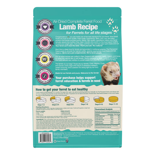 Back panel of The Pampered Ferret Air-Dried Lamb Recipe Complete Ferret Food, showing product information, ingredient highlights, feeding guidance, and a small photo of a ferret.