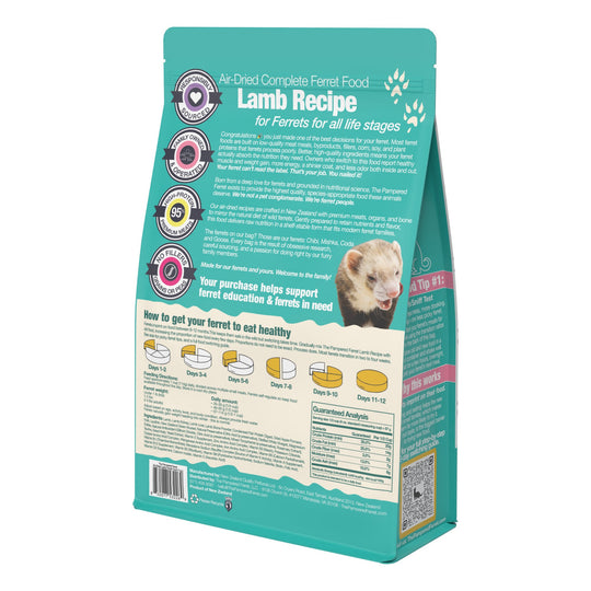 Back panel view of The Pampered Ferret Air-Dried Lamb Recipe Complete Ferret Food with product text, icons, a small photo of a ferret, and nutritional information on a white background.