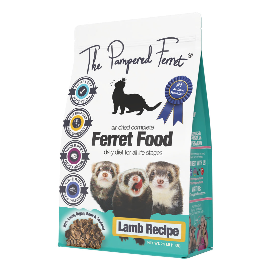 A bag of The Pampered Ferret Air-Dried Lamb Recipe Complete Ferret Food, 2.5 lb (1 kg) package, featuring three ferrets on the front, set against a plain white background.