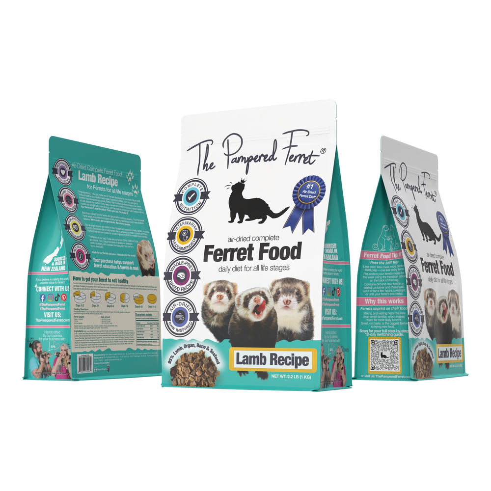 Three bags showing different views of The Pampered Ferret Air-Dried Lamb Recipe Complete Ferret Food