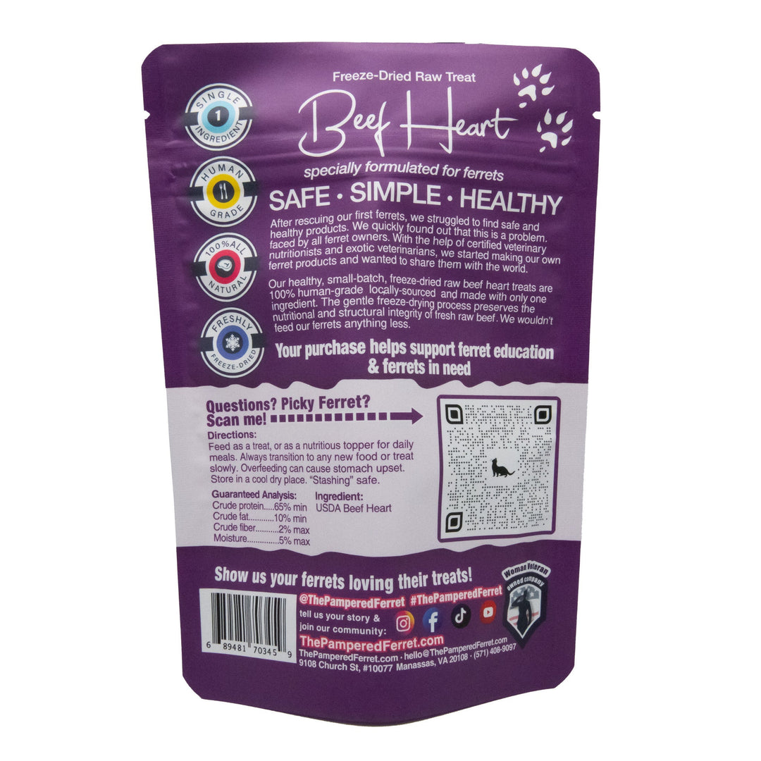 Freeze-dried raw beef heart treat for ferrets in bag