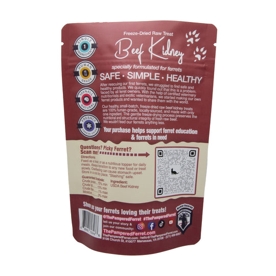 Freeze-dried raw beef kidney treat for ferrets in bag