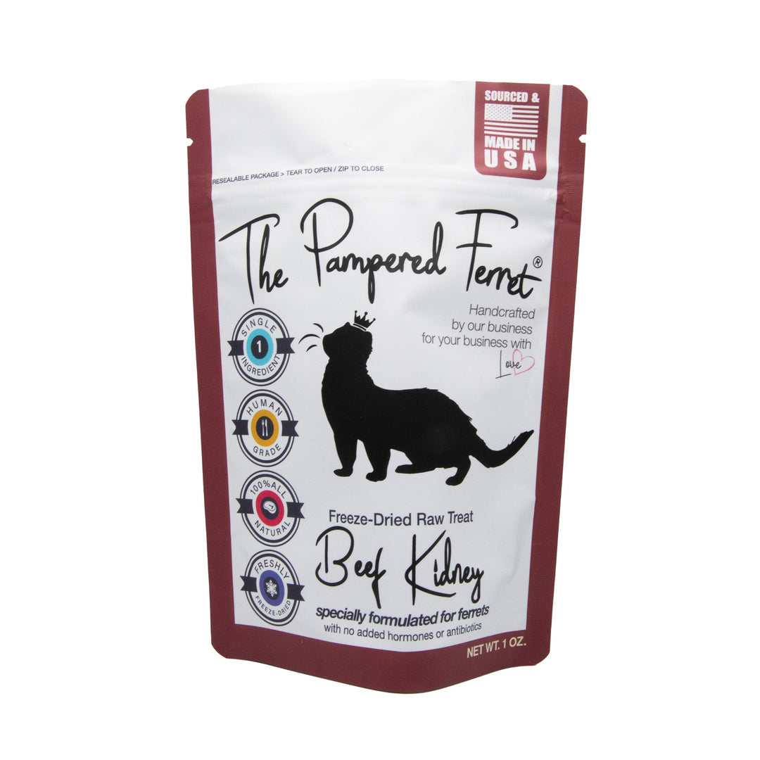 Freeze-dried raw beef kidney treat for ferrets in bag
