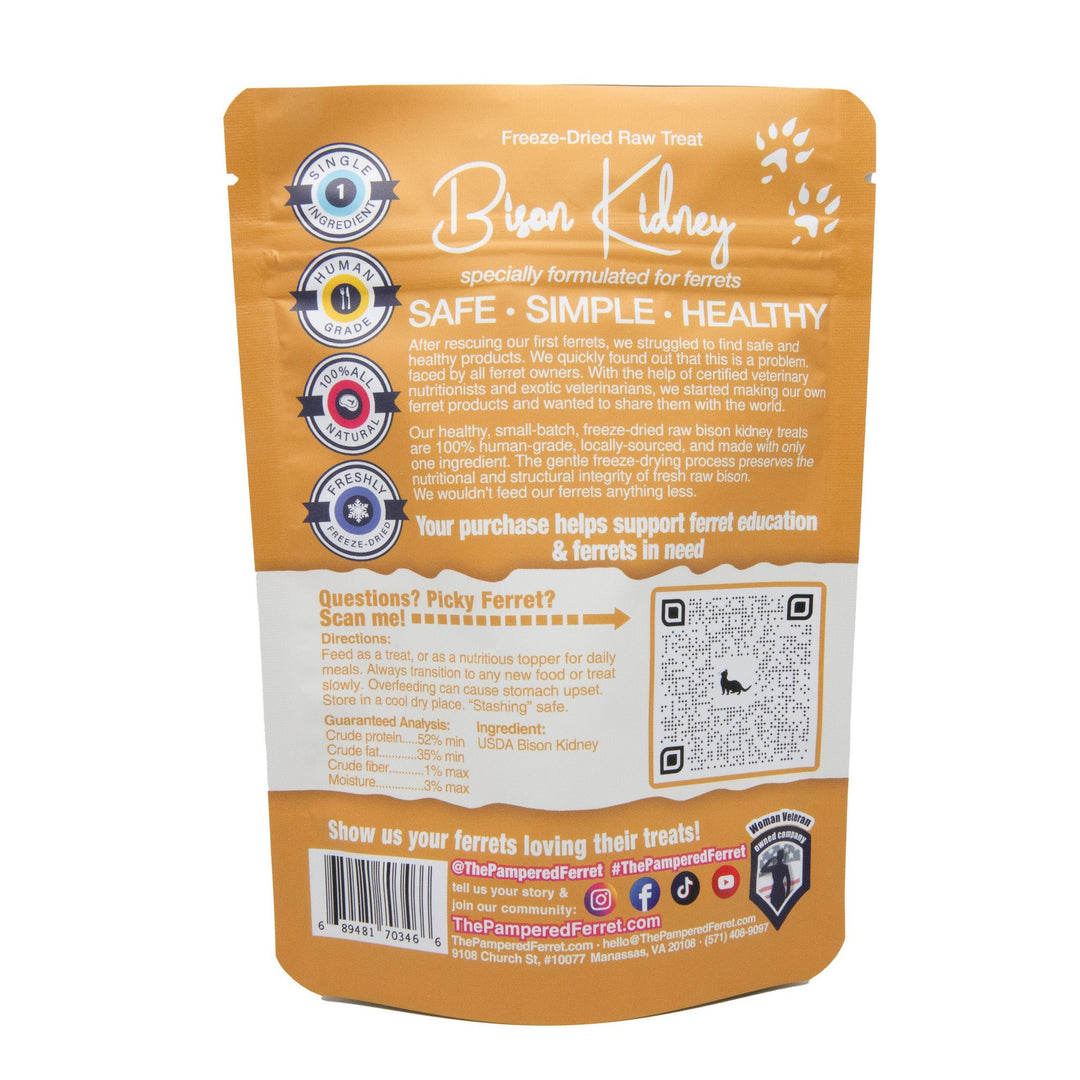 Freeze-dried raw bison kidney treats for ferrets in bag