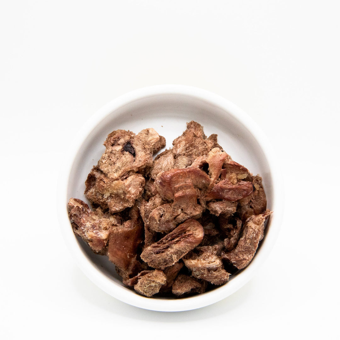Freeze-dried raw chicken heart treat for ferrets in bowl
