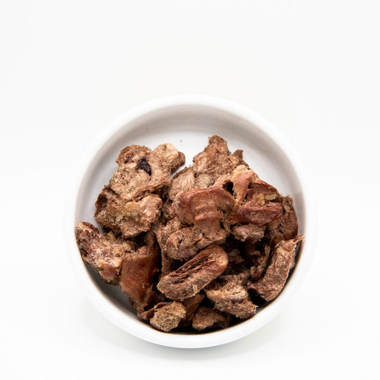 Freeze-dried raw chicken heart treat for ferrets in bowl