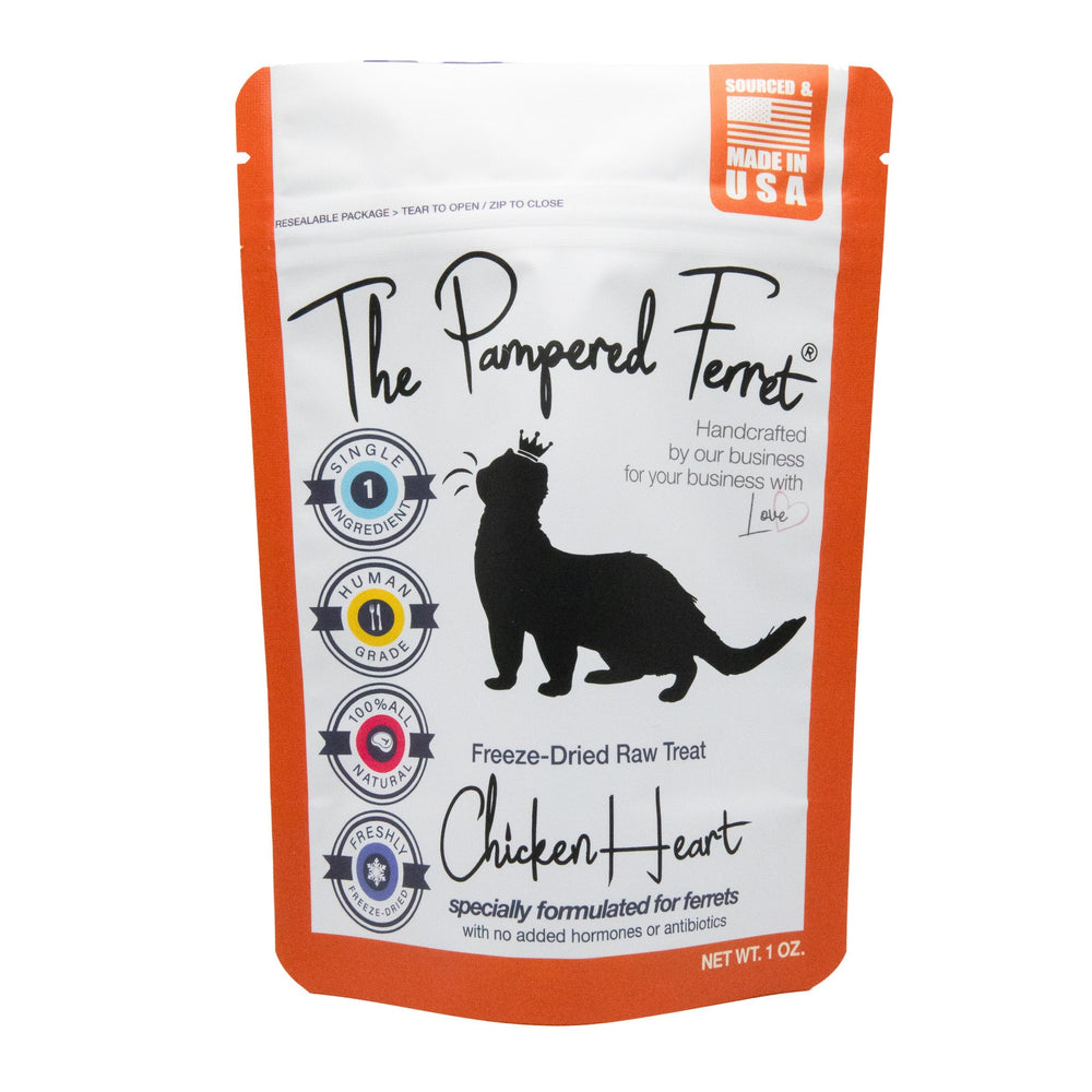Freeze-dried raw chicken heart treat for ferrets in bag