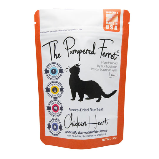 Freeze-dried raw chicken heart treat for ferrets in bag