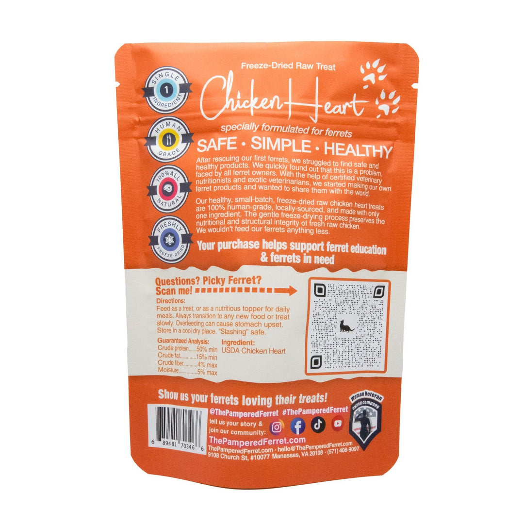 Freeze-dried raw chicken heart treat for ferrets in bag