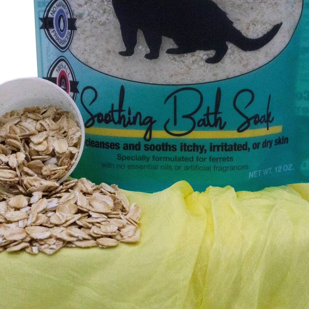 soothing bath soak for ferrets in bag with close up of ingredients